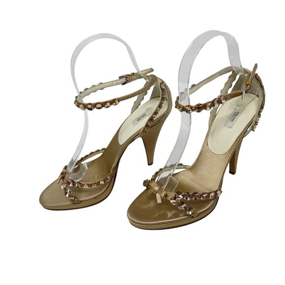 Prada Jeweled Satin Ankle Strap Heels Gold Bow Embellished Sandals 37 - Picture 3 of 10